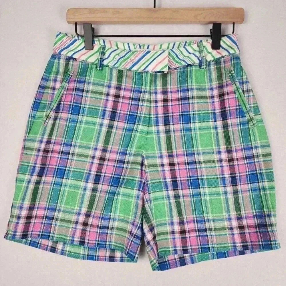 Lady Hagen Women Golf Shorts Size 4 Preppy Plaid Bright Green Pink Blue
